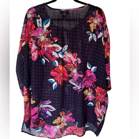 Lane Bryant Size 18-20W Sheer Colorful Floral Wrap Blouse Shirt Black V Neck Tie - Picture 2 of 5